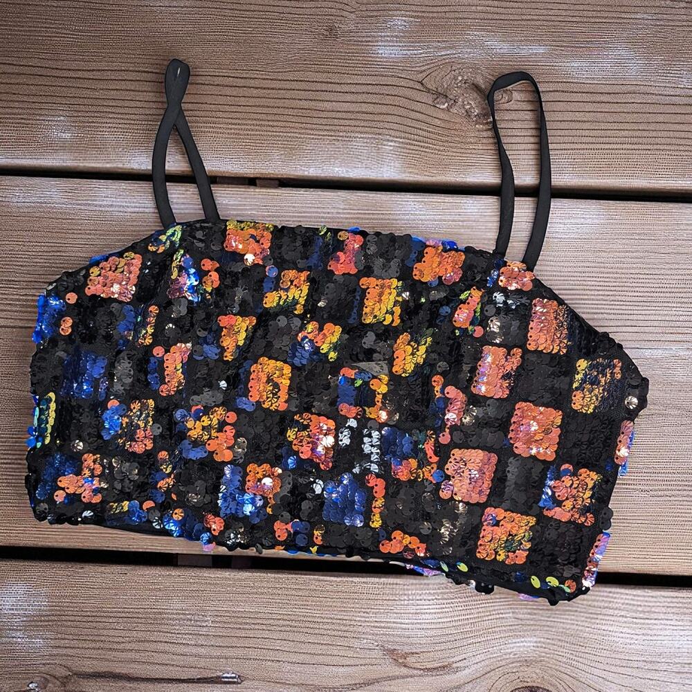 FOREVER 21 Cropped Black Bandeau Multi Colored Sequins Top S
